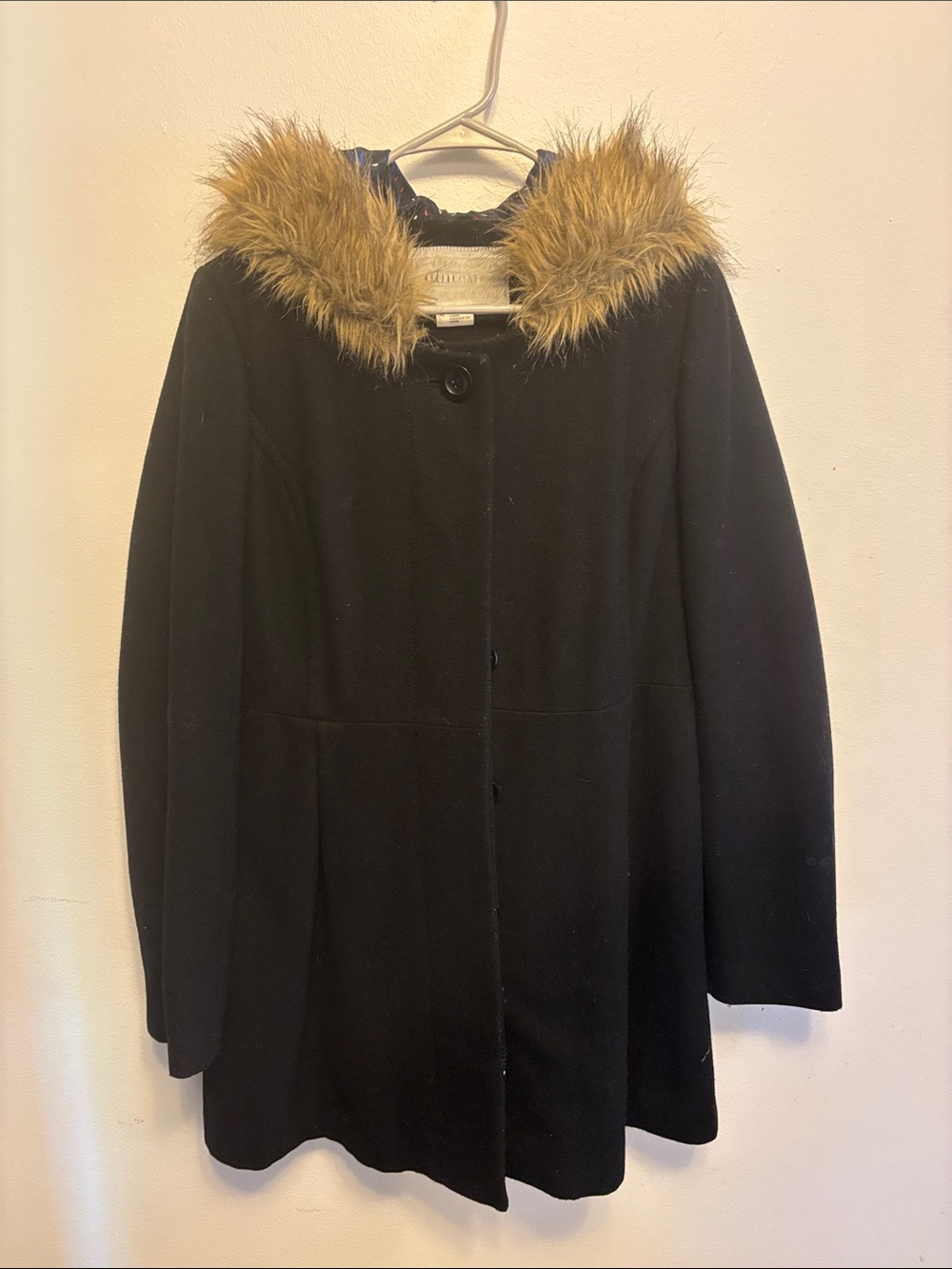 Cooperative Black Pea Coat with Faux-Fur Hood Trim
